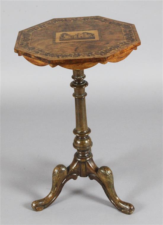 A Victorian figured walnut and Tunbridgeware occasional table, W.1ft 5.5in. H.2ft 5in.
